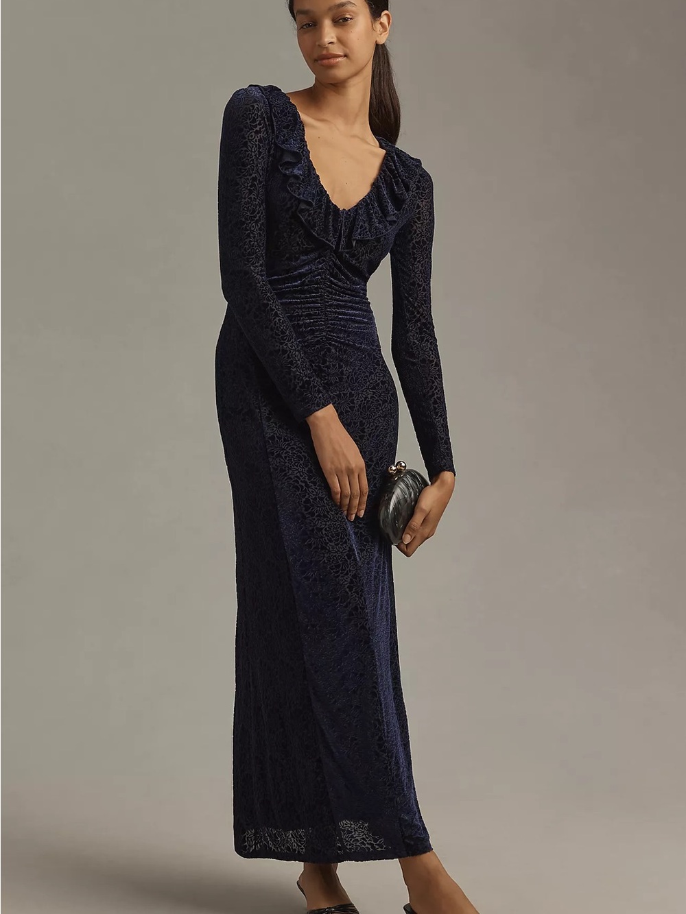 Anthropologie Velvet Ruched Maxi Dress – Size M – Navy – Worn Once